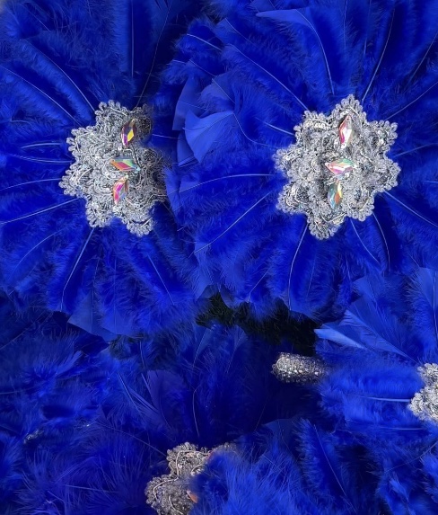 Royal blue fan feather and jeweled centerpiece detail